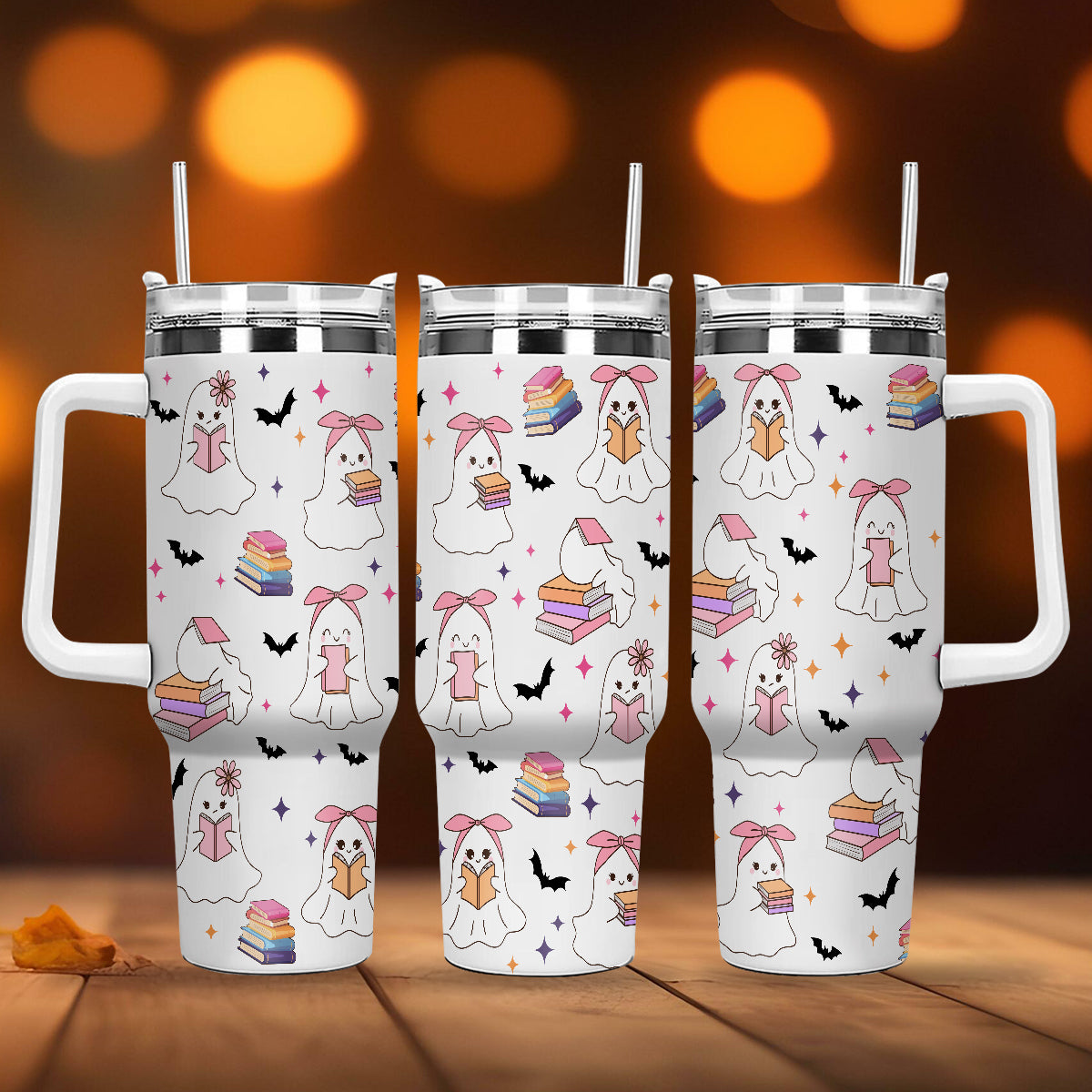 Petthouse | Cute Ghost Reading 40oz Tumbler, Halloween Bookish Tumbler, Halloween Gift For Book Lovers