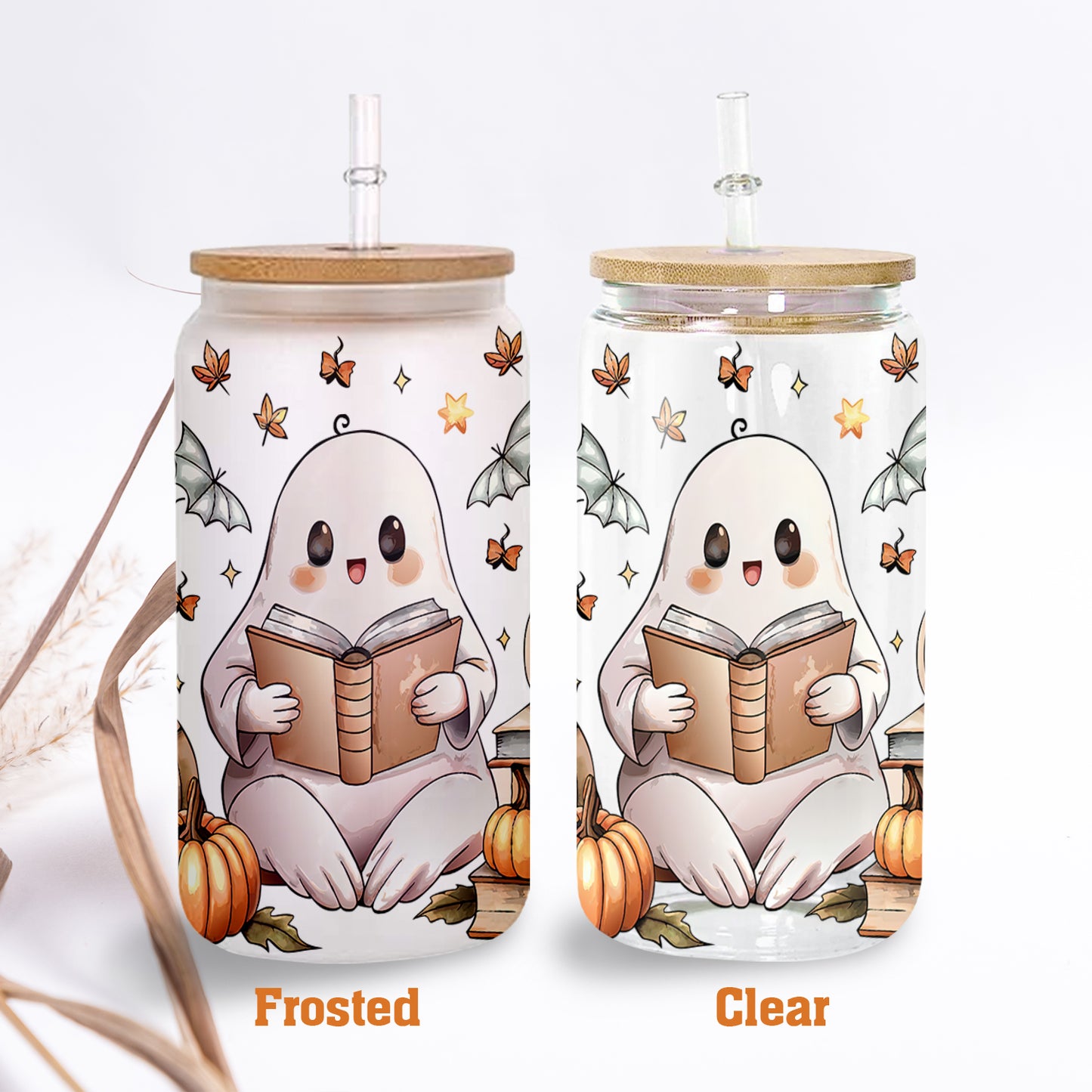 Petthouse | Bookish Ghost Glass Can, Ghost Halloween Glass, Ghost Cute Book Iced Coffee Cup, Cute Reader