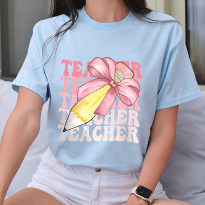 Petthouse | Custom Teacher Pencil Coquette Bow Shirt, Teach Love Inspire Techer Back To School