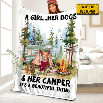 Petthouse | Personalized Girl And Her Dogs Throw Blanket, Camping Background Travel Blanket, Camping Lover Blanket