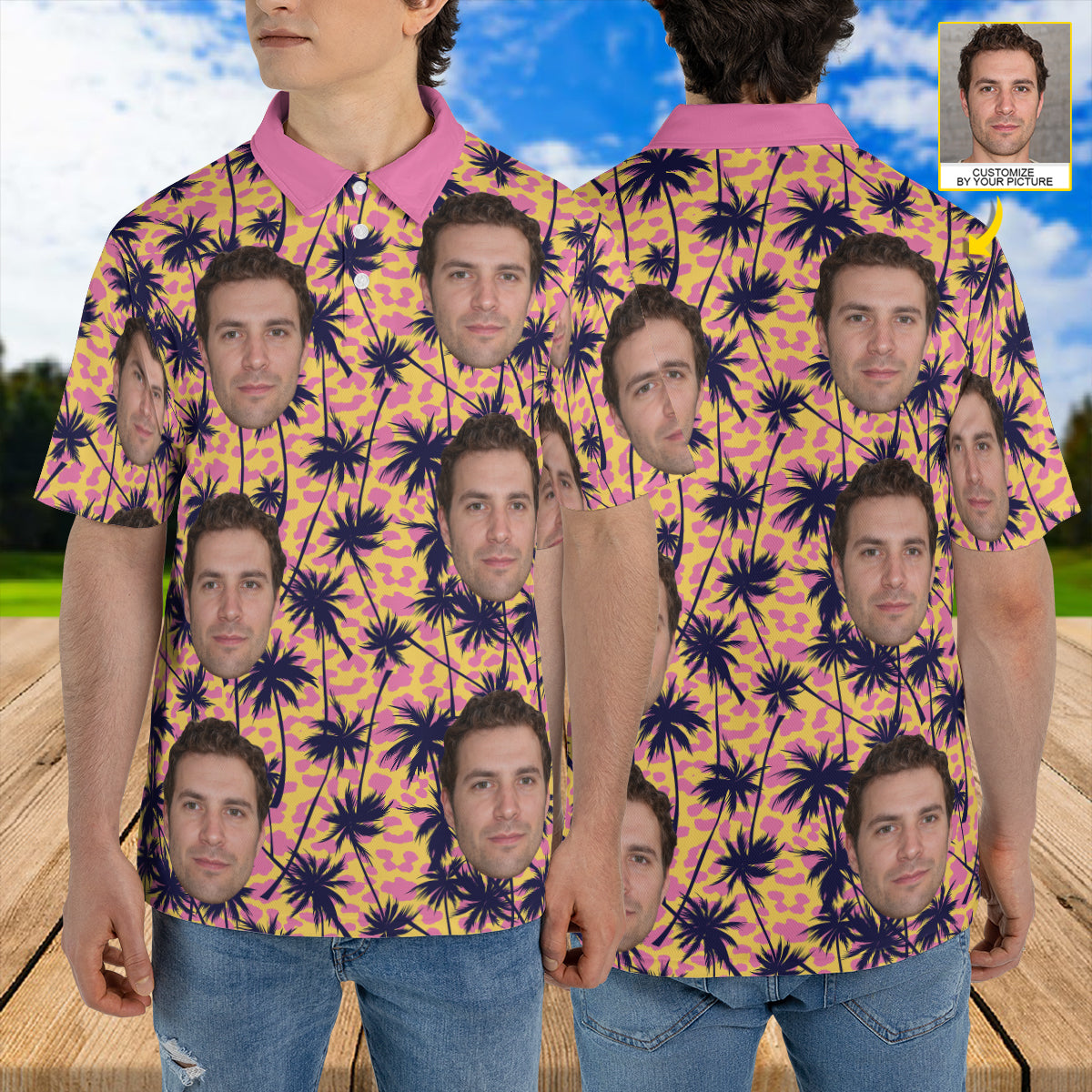 Petthouse | Customized Face Palm Tree Summer Beach Leopard Seamless Pattern Polo Shirt Mens Polo Shirts Design