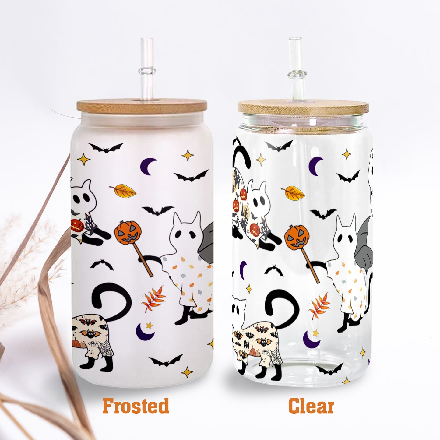 Petthouse | Halloween Ghost Cats Glass Can Cup, Pooky Season Coffee Mug, Iced Coffee Cup, Ghost Cat Coffee