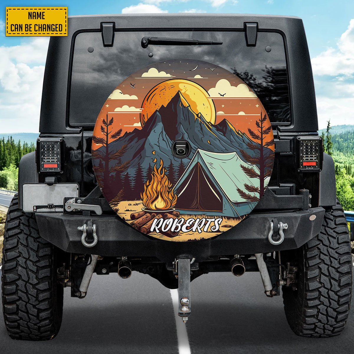 Petthouse | Customized Camping Tent With A Tree And Mountains Spare Tire Cover Happy Camping