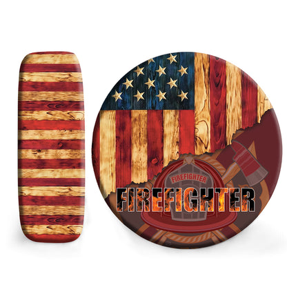 Petthouse | Firefighter American Flag Wood Spare Tire Cover Firefighter Gift Idea Decor Car