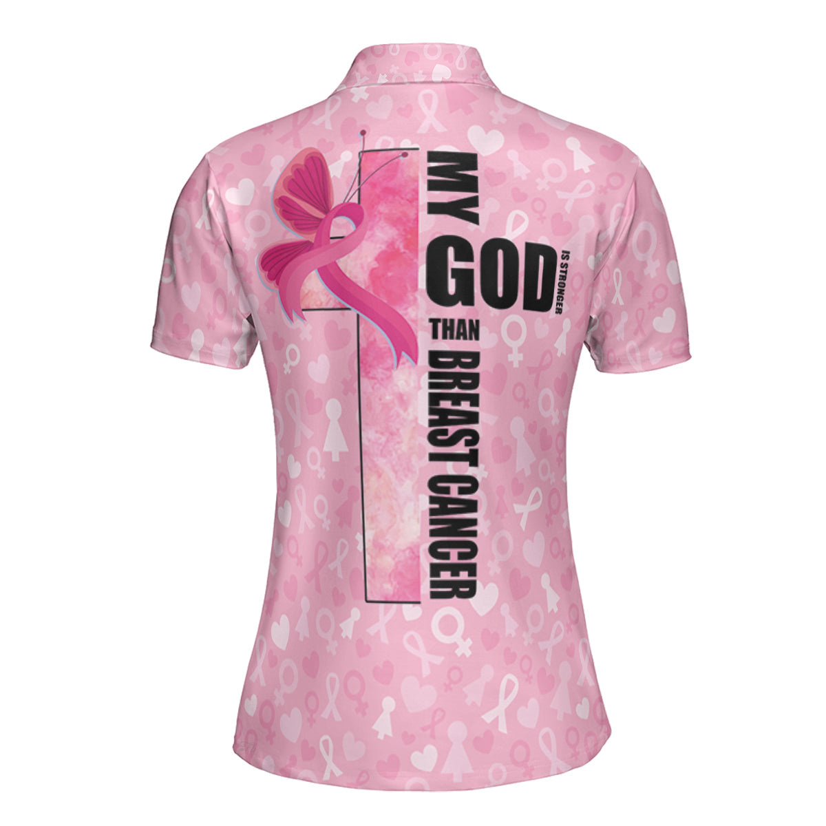 Petthouse | Breast Cancer Awareness Polo Shirt My God Is Stronger Polo Shirt Pink Ribbon Pattern Polo Best Gift