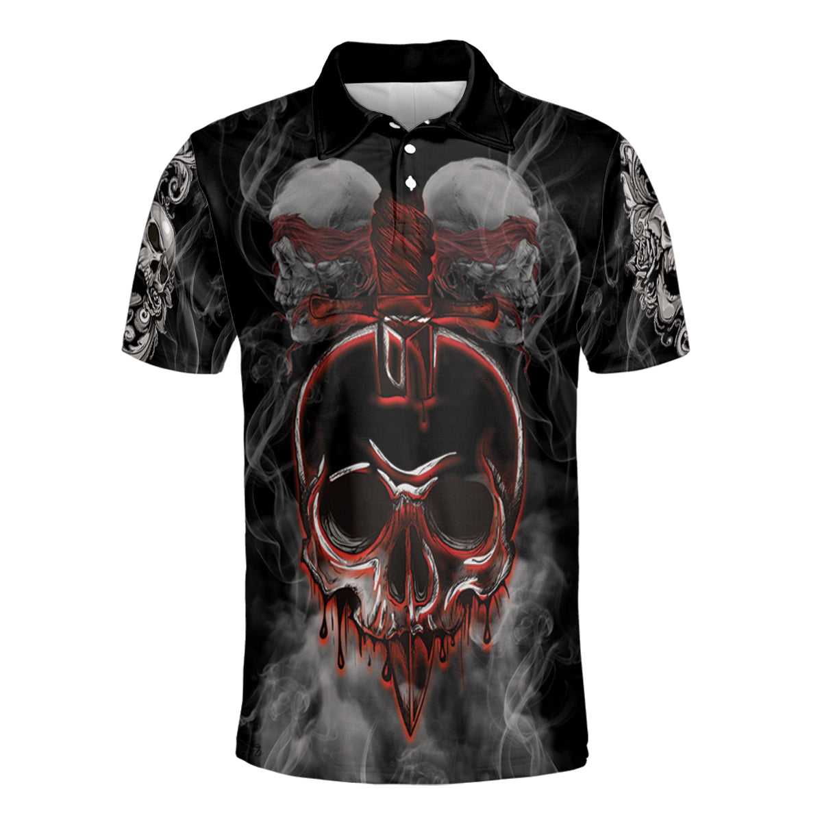 Petthouse | Bloody Skull Artwork Polo Shirt Skull Smoking Polo Shirt Horror Artwork Polo Shirt Horror Style