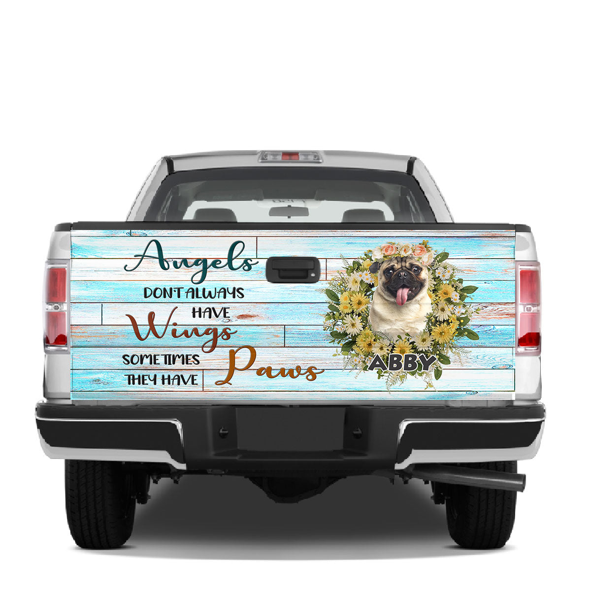 Petthouse | Cute Pug Dog Flower Tailgate Wrap Customized Name Truck Tailgate Decals Car Decorations