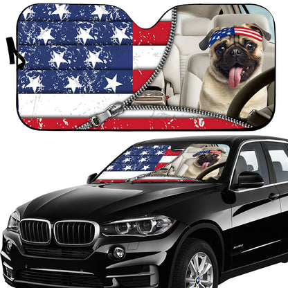 Petthouse | Pug Cute Dog Sunshade Car Sun Shade Windshield American Patriot Us Flag Sun Shield For Car