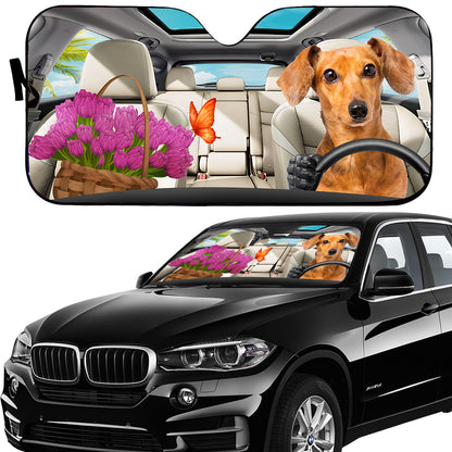 Petthouse | Dachshund Dog Windshield Sun Shade Funny Dog Driver Window Shade Tulip Basket For Beautiful