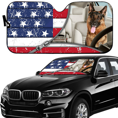 Petthouse | German Shepherd American Flag Windshield Sun Shade Patriotic Window Shade For Independence Day