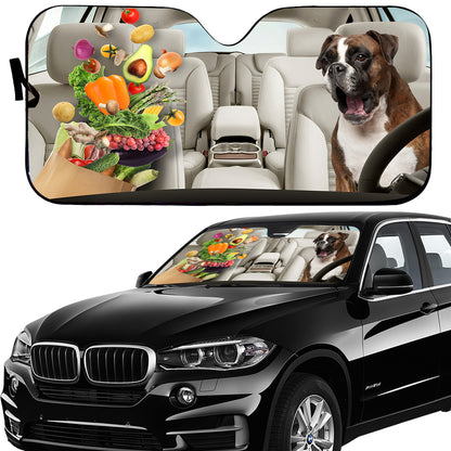 Petthouse | Boxer Go Shopping Windshield Sun Shade Funny Boxer Face Windshield Visor Vegetarian Dog