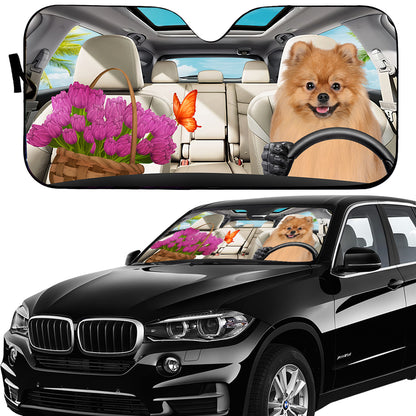 Petthouse | Pomeranian Dog Sunshade Dog And Tulips Windshield Sun Shade Windshield Cover Sun Shield