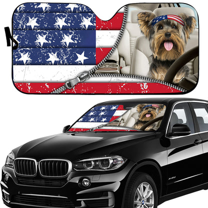 Petthouse | Yorkshire Terrier Dog Sunshade American Flag Windshield Sun Shade Car Sun Shade Windshield