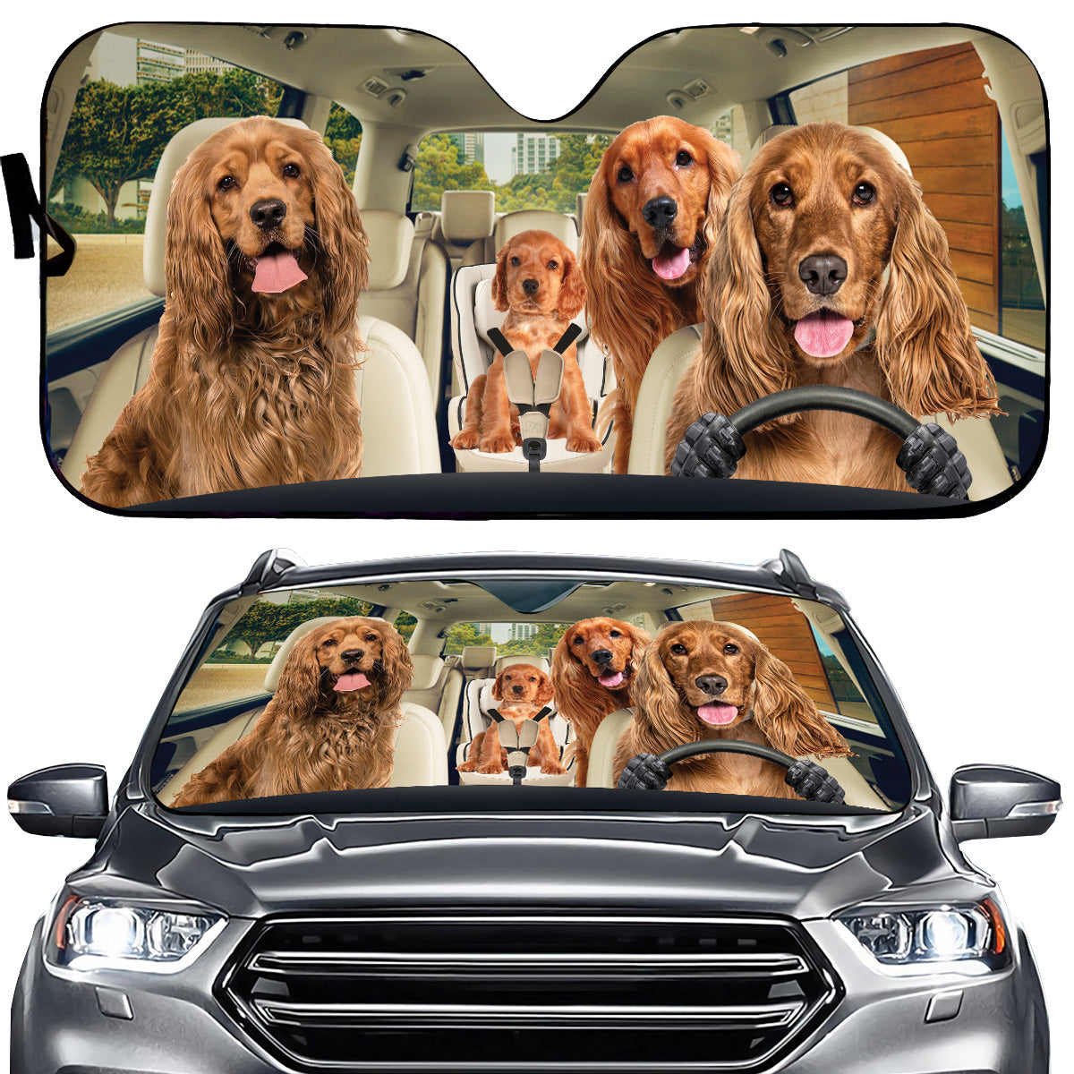 Petthouse | Red Golden English Cocker Spaniel Dog Family Car Sunshade Puppies Driver Funny Decor Golde