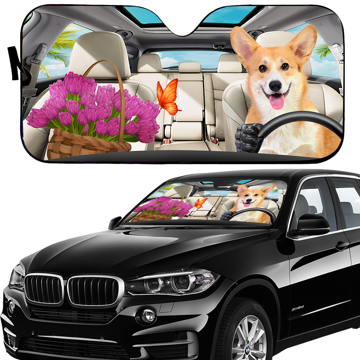 Petthouse | Corgi Dog Sunshade Windshield Sun Shade Dog And Flower Sun Visor For Car Windshield