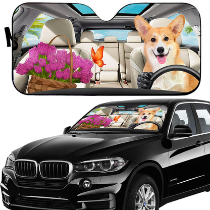 Petthouse | Corgi Dog Sunshade Windshield Sun Shade Dog And Flower Sun Visor For Car Windshield