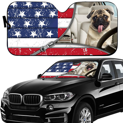 Petthouse | Pug Dog Car Sun Shade Windshield American Flag Truck Dog Sunshade The Patriot Gift Dog Lover