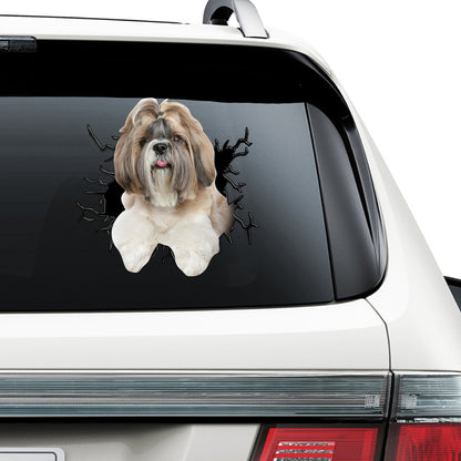 Petthouse | Long Coat Shih Tzu Vinyl Decal Dog Inside Big Crack Hole Print Sticker Fun Car Decor Peel