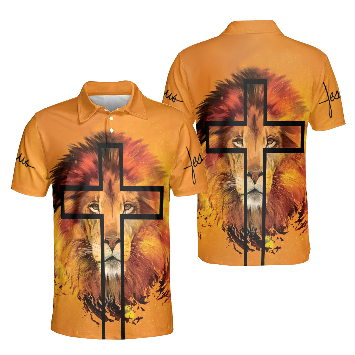 Petthouse | Yellow Lion Face Art Printed Polo For Men Christian Jesus Cross Art Summer Holiday Gift