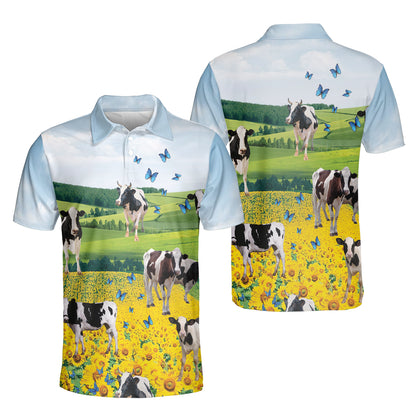 Petthouse | Dairy Cattle Mens Polo Shirts Short Sleeve Cow Sunflower Farmhouse Sports Shirt Farm Gifts