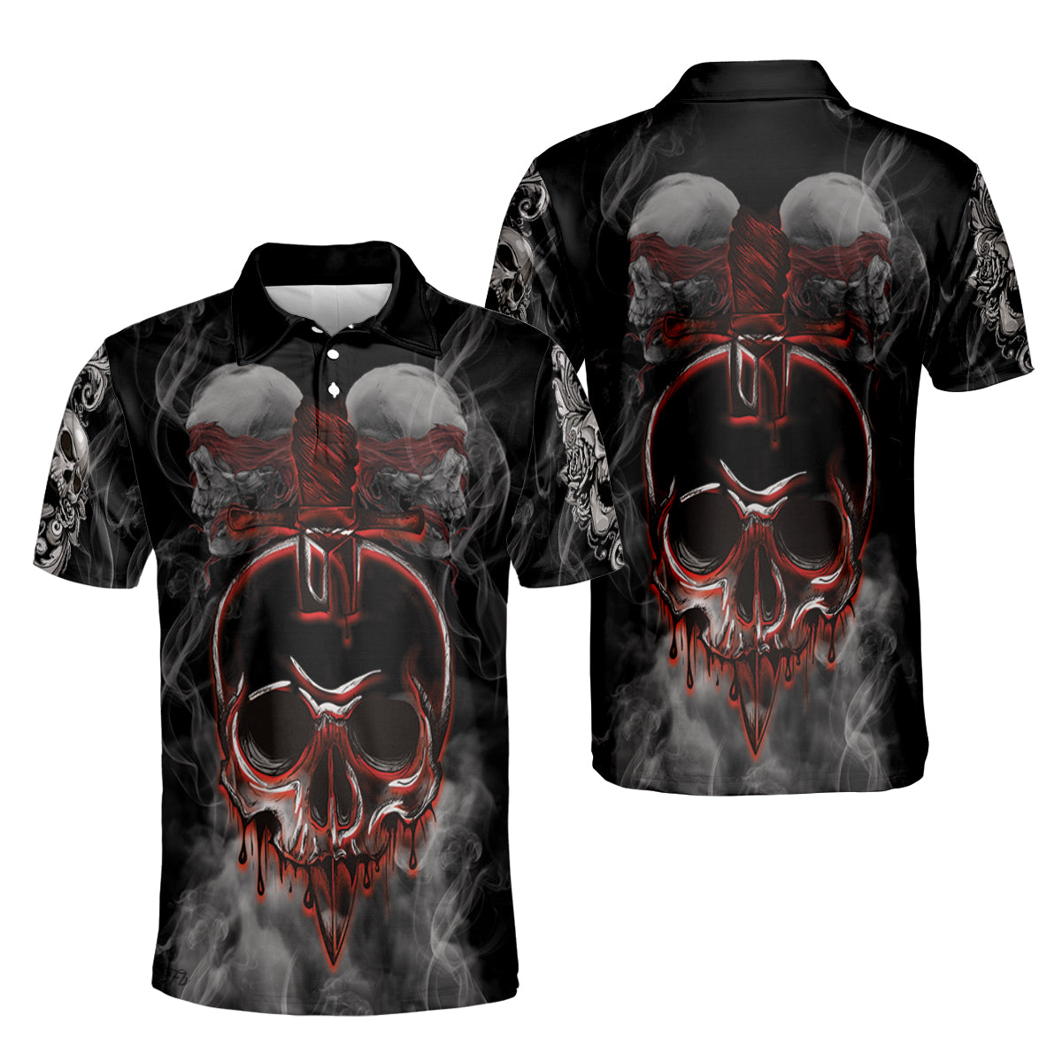 Petthouse | Bloody Skull Artwork Polo Shirt Skull Smoking Polo Shirt Horror Artwork Polo Shirt Horror Style