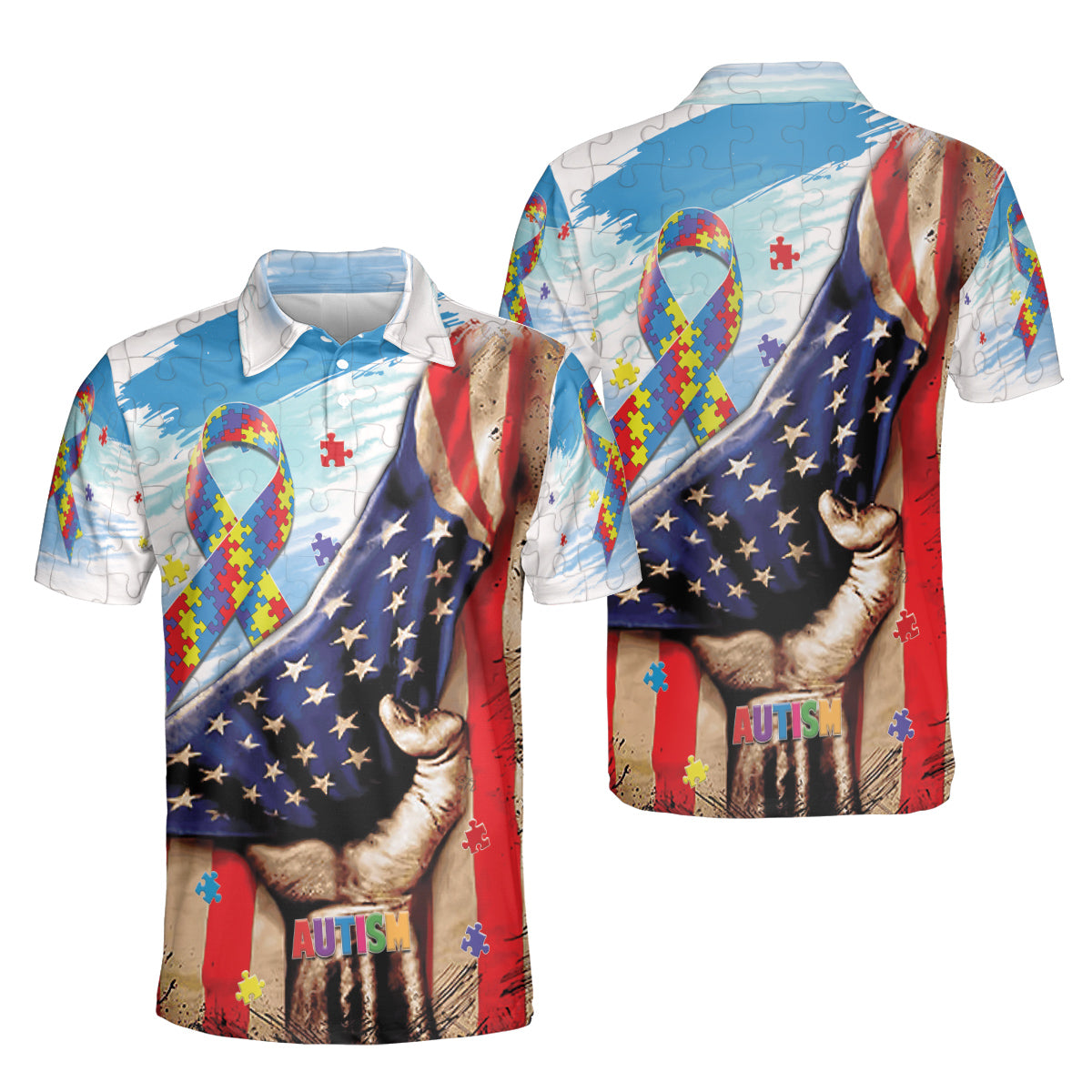 Petthouse | Autism Awareness American Flag Polo Shirt Autism Puzzle Sport Shirt Autism Warriors Gift