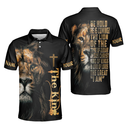 Petthouse | Customized Name Jesus Christian The King Lion Polo Shirt Bible Verse Sport Shirt Religious Gift