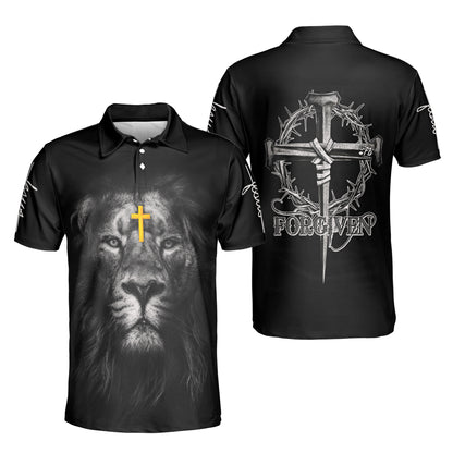 Petthouse | Custom Name Lion Jesus Cross And Crown Polo Forgiven Christian Gift