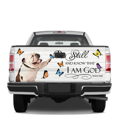 Petthouse | English Bulldog Tailgate Vinyl Graphic Wrap Dog Play With Butterflies Truck Wraps God Bible