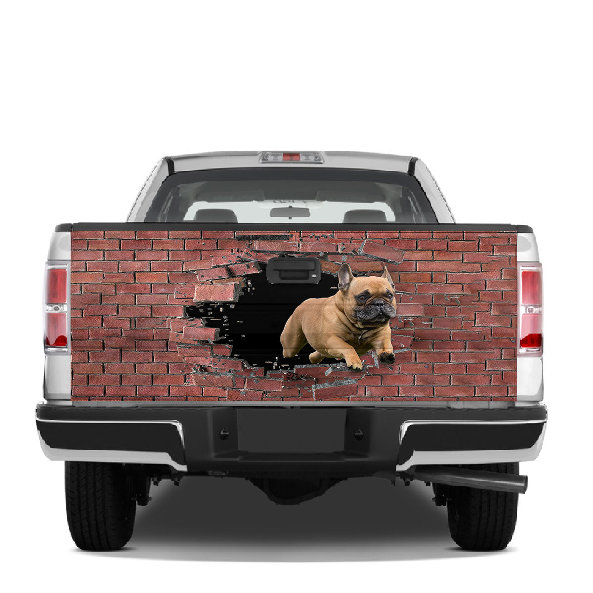 Petthouse | Custom Dog Tailgate Decals French Bulldog Rushing Through Wall Funny Graphic Wraps Stickers