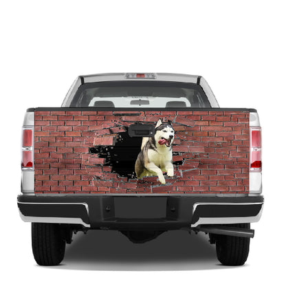 Petthouse | Funny Dog Broken Wall Tailgate Vinyl Graphic Wrap Siberian Husky Rush Through Wall Tailgate Decal