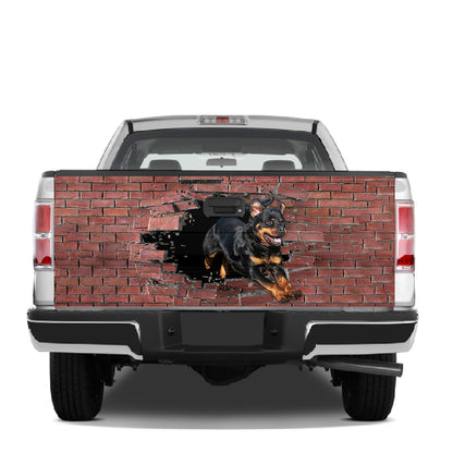 Petthouse | Rottweiler Tailgate Mural Dog Running Out Brick Tailgate Wraps For Trucks Fun Car Accessories