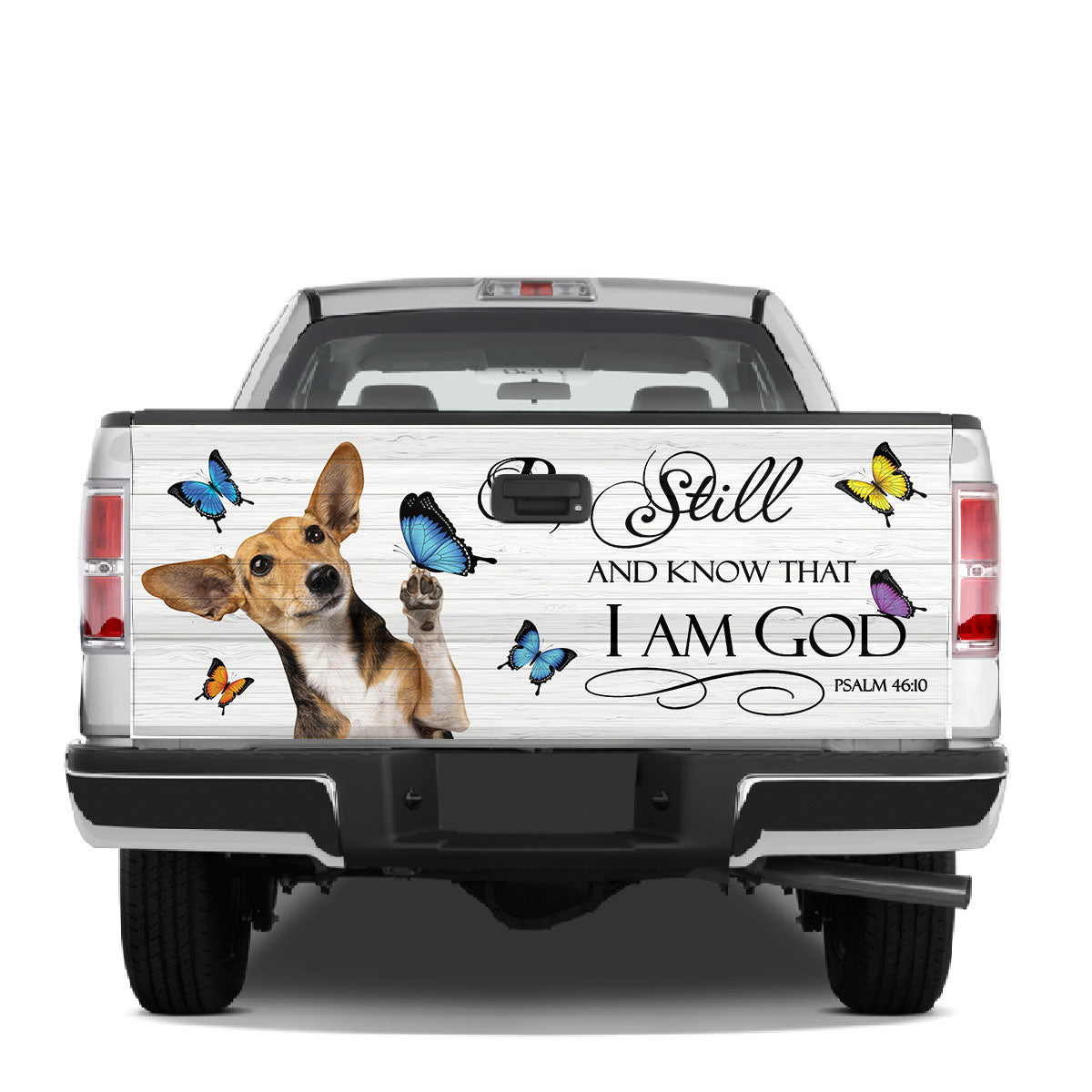 Petthouse | Chihuahua Play With Butterflies Tailgate Mural Be Still And Know That I Am God Tailgate Sticker