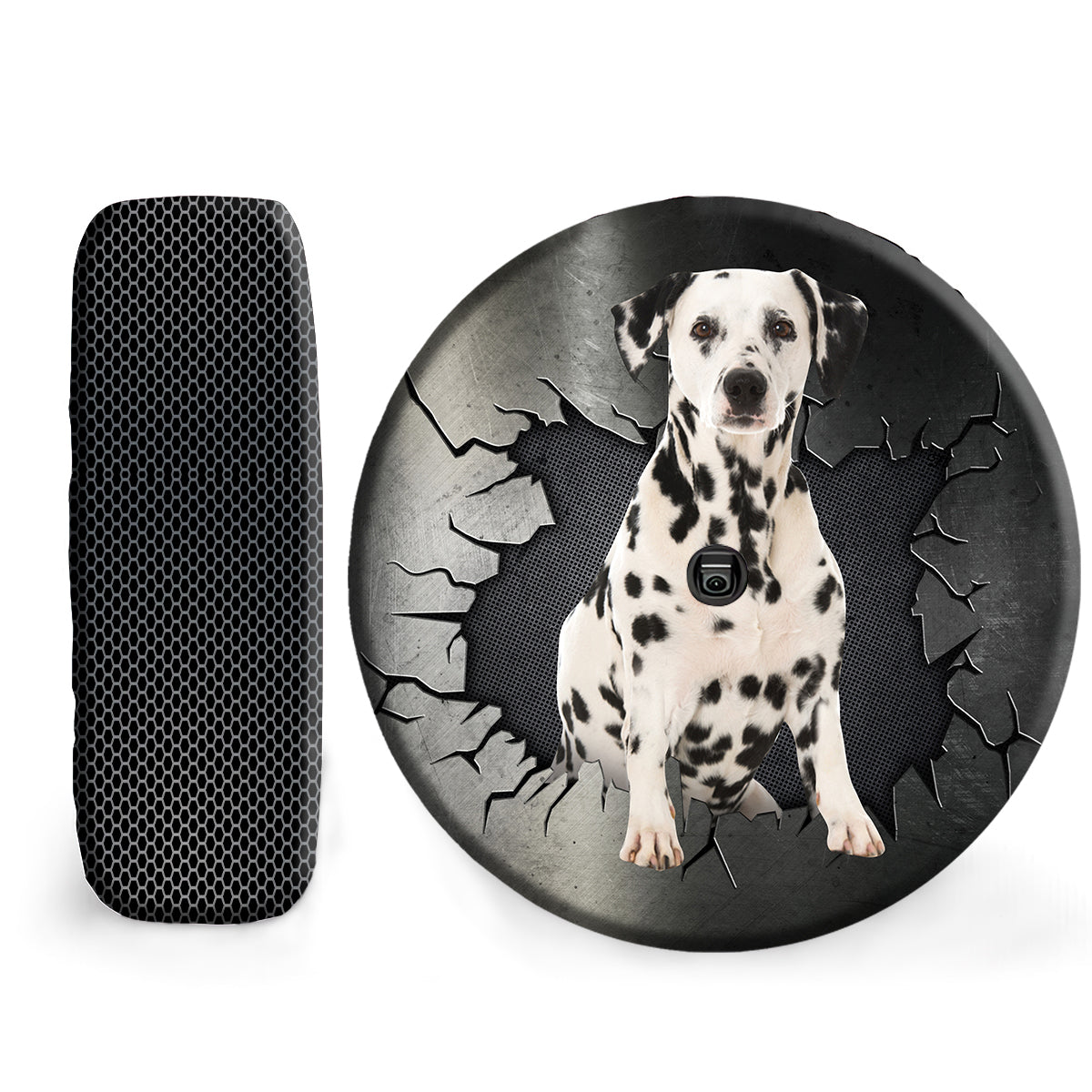 Petthouse | Dalmatian Spare Tire Cover With Backup Camera Hole Crack Metal Printing Wheel Cover