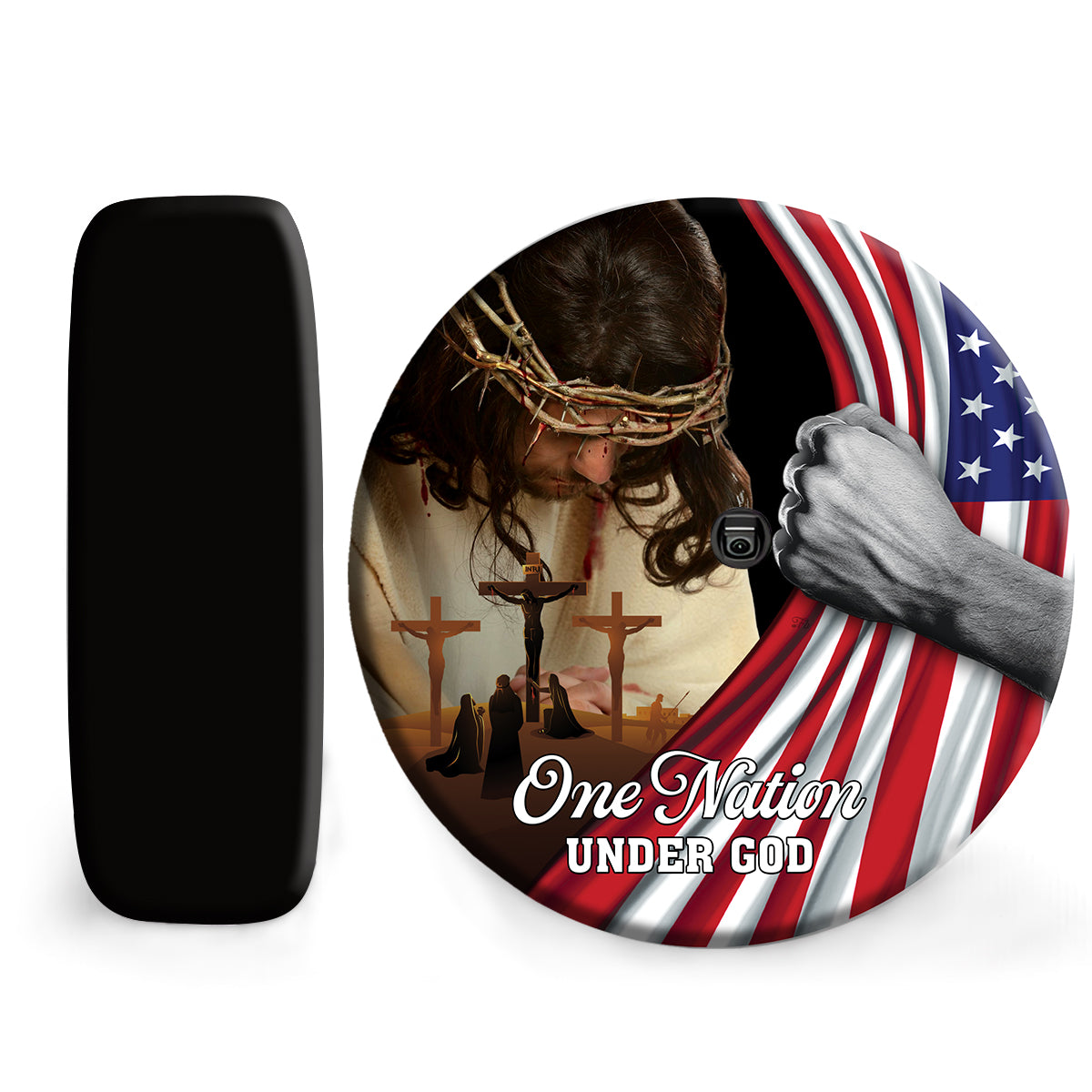 Petthouse | One Nation Under God Spare Tire Cover Jesus Bow Head Jesus On Cross American Patriotic Gift