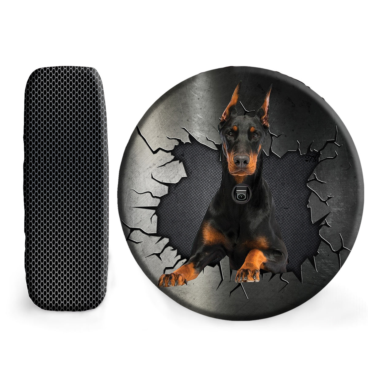 Petthouse | Doberman Pinscher Peeking Out Metal Cracked Wheel Cover Universal Fit Pet Paw Car Accessories