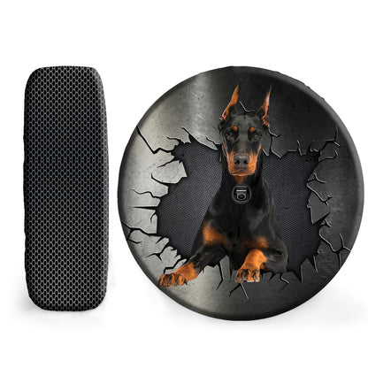 Petthouse | Doberman Pinscher Peeking Out Metal Cracked Wheel Cover Universal Fit Pet Paw Car Accessories