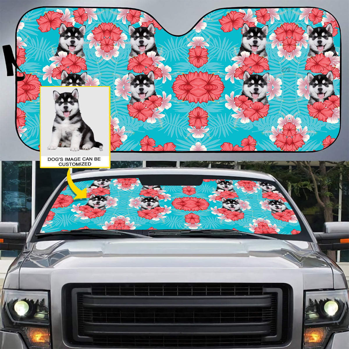 Petthouse | Customize Sun Shade Tropical Dog Sunshade Siberian Husky Hawaii Pattern Car Sun Shade Windshield