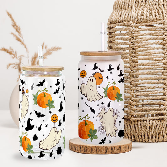 Petthouse | Ghost Halloween Coffee Glass Can, Fall Coffee Glass Can, Ghost Autumn Glass Cup, Spooky Iced