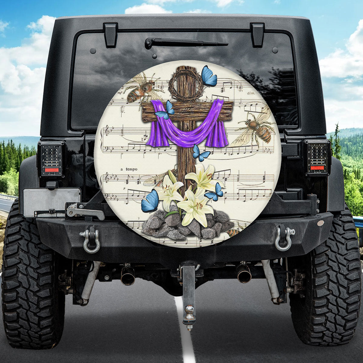 Petthouse | Christian Cross Spare Tire Cover Sheet Music Tire Protector Jesus Believer Butterfly Car Accessory