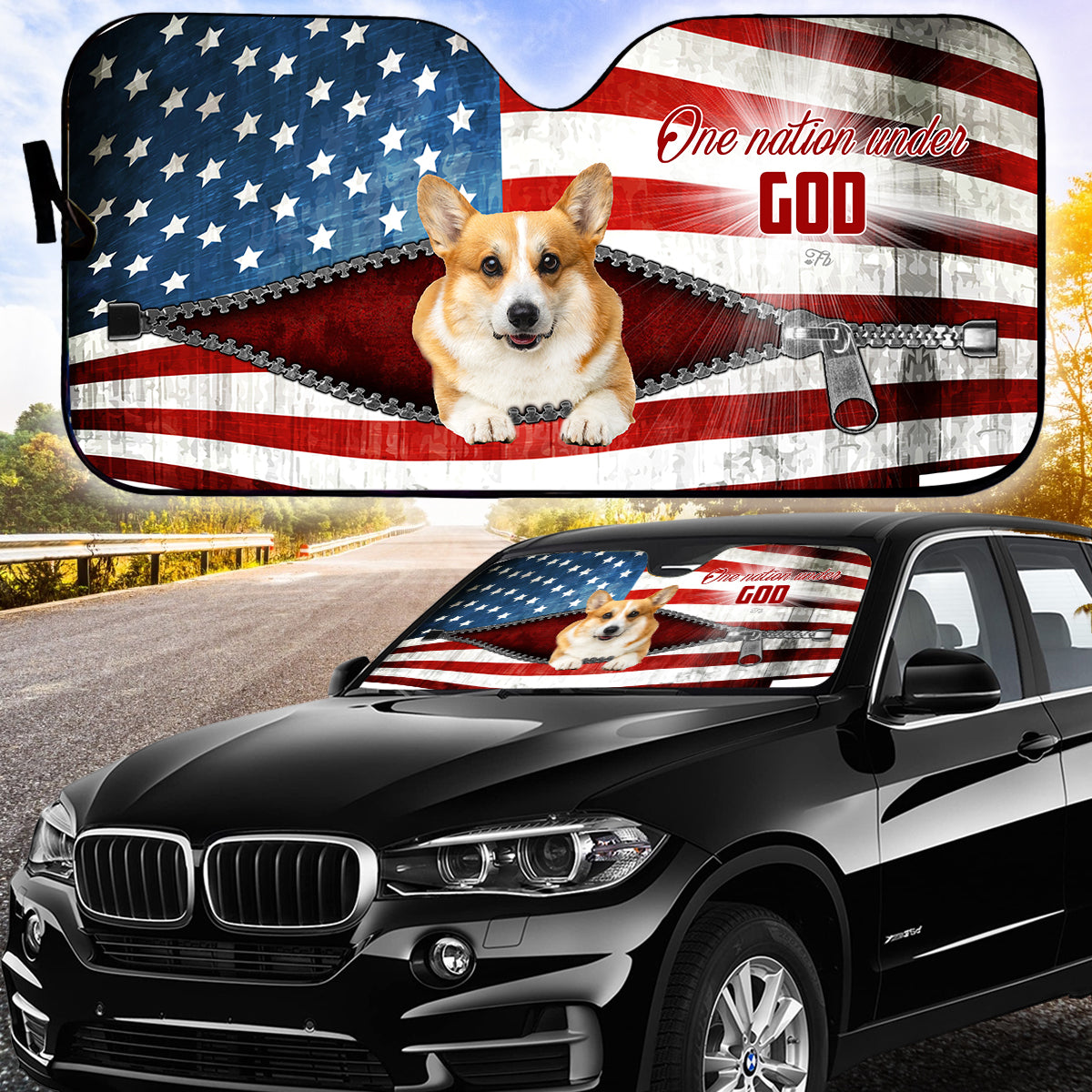 Petthouse | Dog Sunshade Corgi One Nation Under God Car Sun Shade Windshield American Patriot