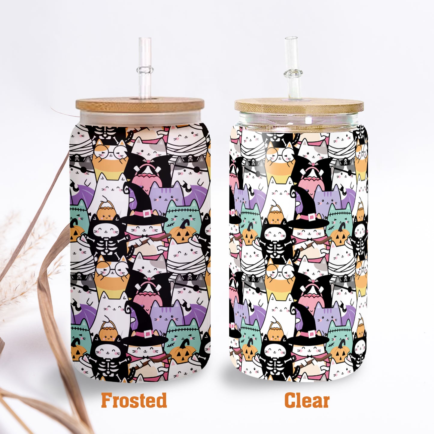 Petthouse | Halloween Cute Cats Glass Can Cup, Witch Cat Ice Coffee Mug, Halloween Gift, Spooky Season