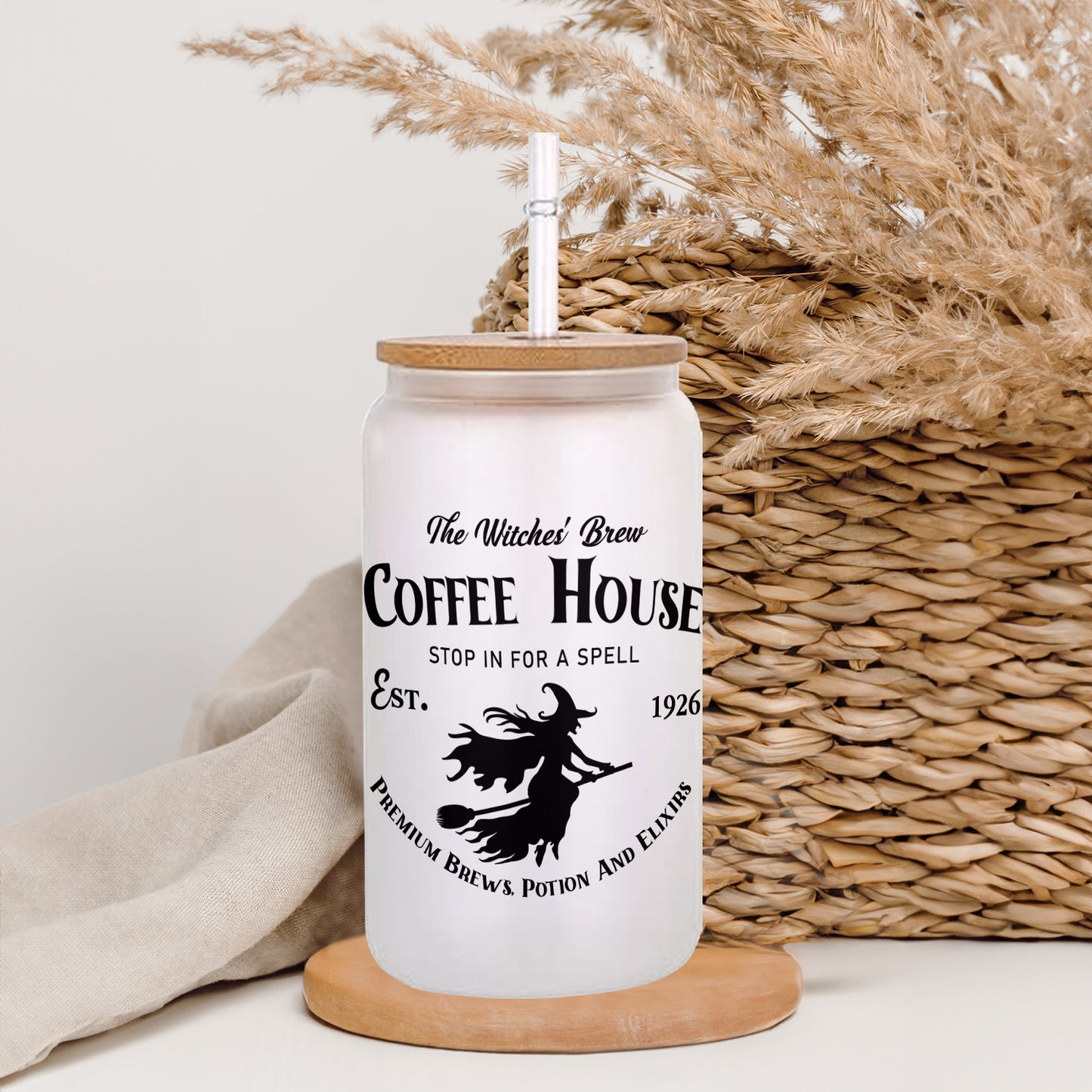 Petthouse | Witches Brew Coffee House Glass Can, Halloween Witchy Cup, Coffee House Witch Spooky Vibes