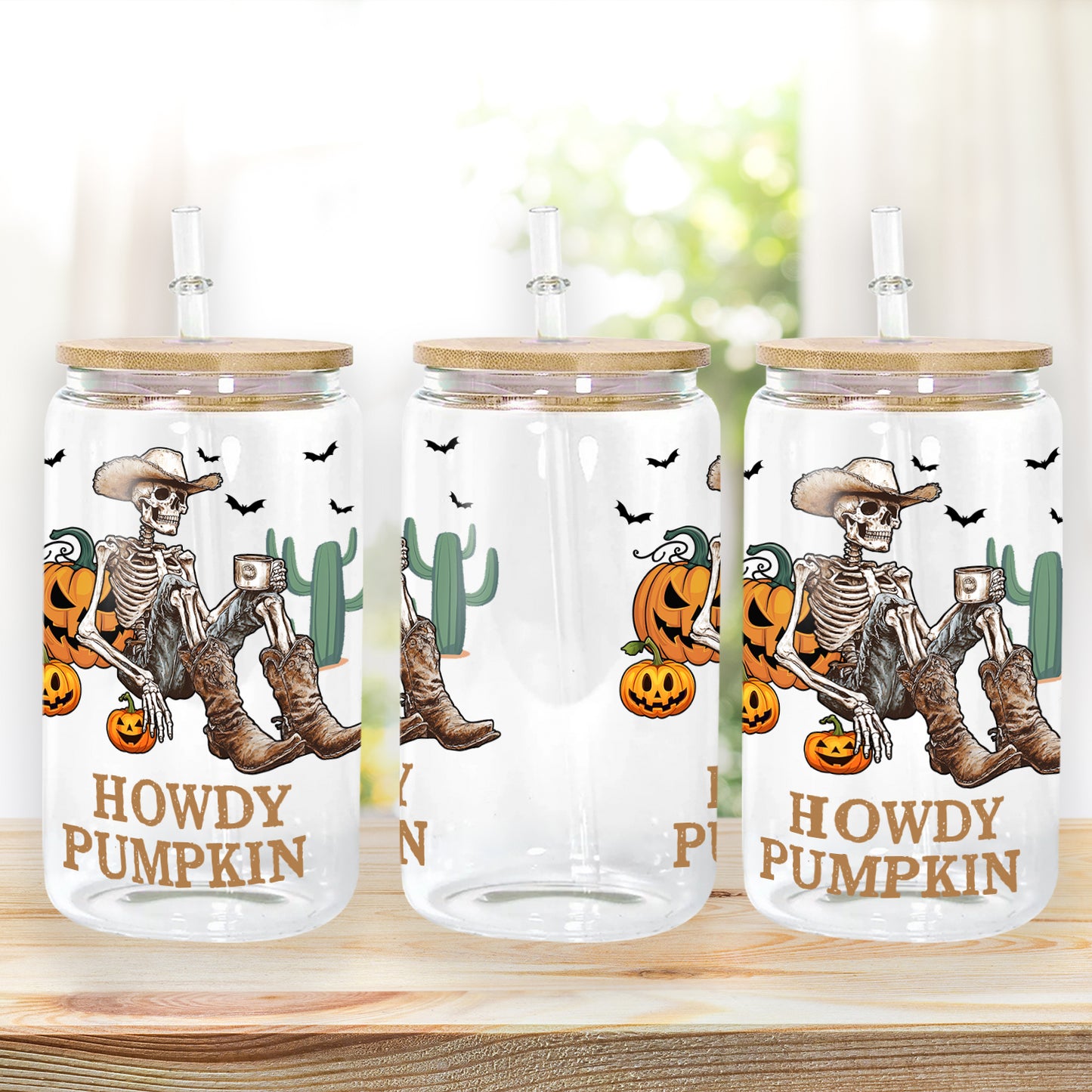 Petthouse | Cowboy Skeleton Drink Coffee Glass Can, Spooky Season, Howdy Pumpkin Glass, Skeleton Libby