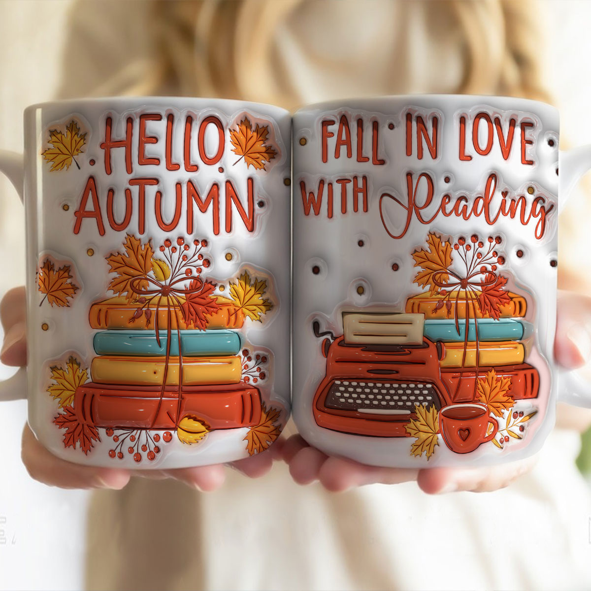 Petthouse | Hello Autumn Ceramic Mug, Fall In Love With Reading 3d Inflated Print Mug, Fall Autumn