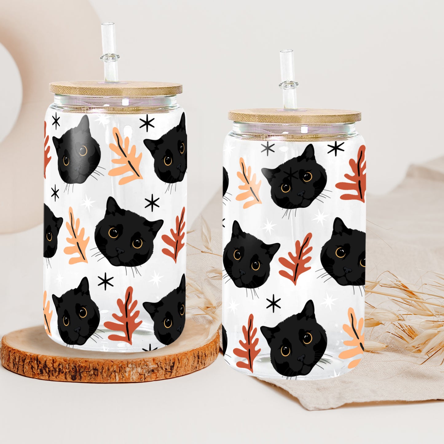 Petthouse | Black Cat Fall Glass Can, Black Cat Halloween Glass, Black Cat Coffee Glass, Viral Coffee