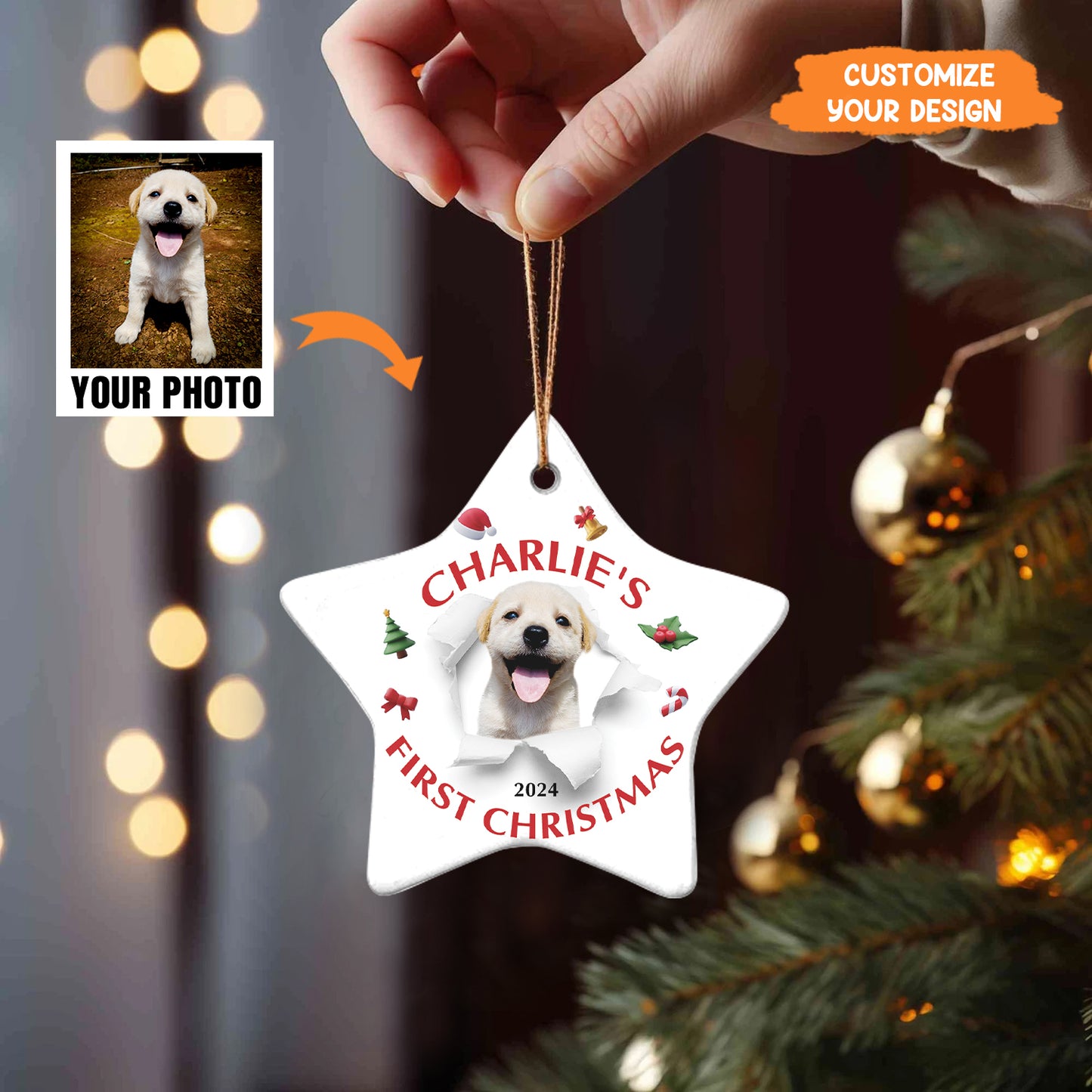 Petthouse | Personalize Dog Photo Ornament, Dog First Christmas, Dog Happy Anniversary, Custom Photo And Text