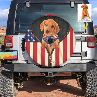 Petthouse | Customized Photo Golden Retriever Spare Tire Cover American Flag Tire Protector Patriot Theme