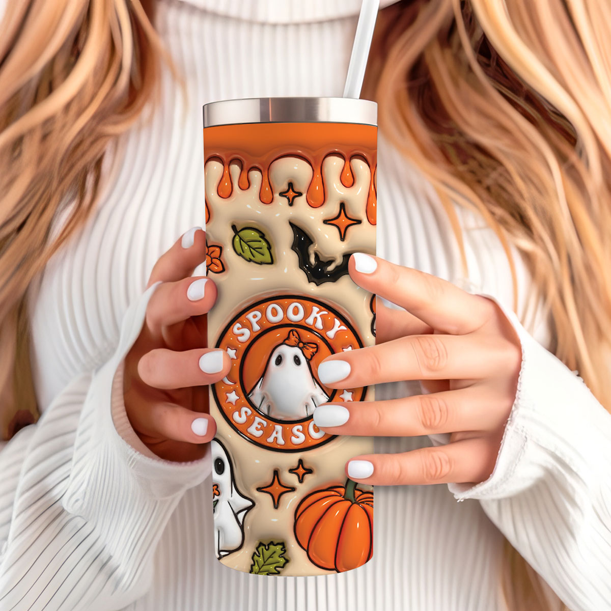 Petthouse | Halloween Ghost Spooky Vibes Inflated Skinny Tumbler, Halloween Ghost Spooky Vibes