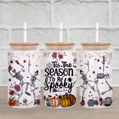 Petthouse | Tis The Season To Be Spooky Glass Can, Skeleton Dancing Spooky Halloween Glass Can